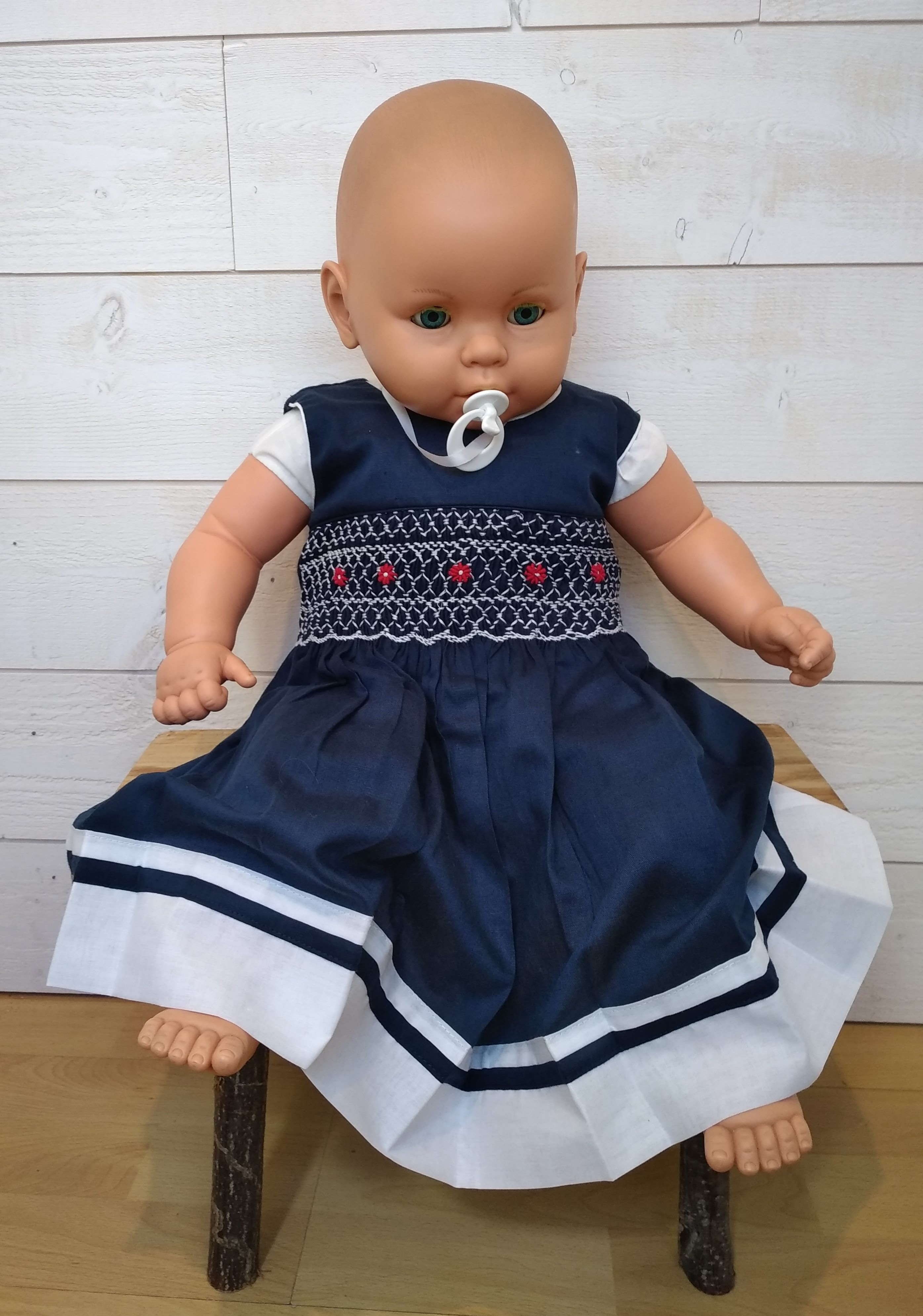 Hand Embroidered Hand Embroidered Baby Dress Marinette Blue White Red Breizh Rider