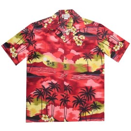 Aloha Republic Island Scene Red Hawaiian Shirt